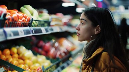 A woman browsing through fresh fruits in a grocery store. Ideal for food and shopping concepts