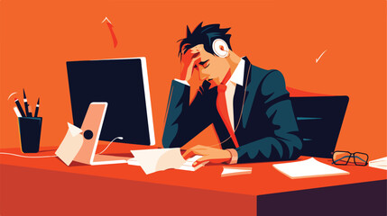 Businessman headache with computer work deadline Vector