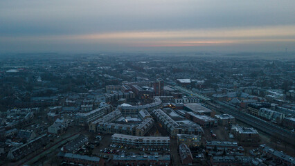 Aerial drone shot of Houten, Netherlands in Winter with frost