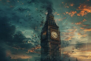 Dramatic scene of big ben with a surreal, postapocalyptic backdrop and birds