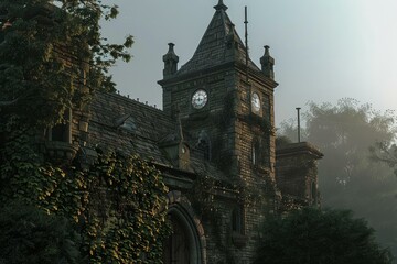 Vintage clock tower overgrown with ivy, basked in soft morning light amidst a mystical fog