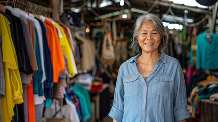 Smiling Elderly Asian Woman at a Colorful Clothing Market