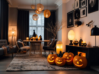 Halloween party in living room - decorations with lanterns and pumpkins , jack-o-lantern, modern classic style design.