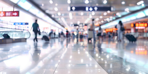 Fototapeta premium Blurred background of a modern airport. Abstract motion, blurred people moving suitcases, signs and lights in background. Travel concept.