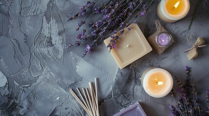 Artisanal soap lit candles lavender and scented sticks on a gray texture backdrop