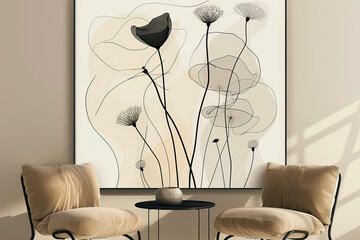 Living room interior with an abstract painting of delicate flowers in minimalist linear outlines, in the style of organic and flowing shapes
