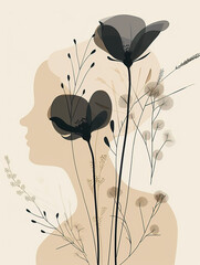 Abstract painting of delicate flowers in minimalist linear outlines, in the style of organic and flowing shapes.