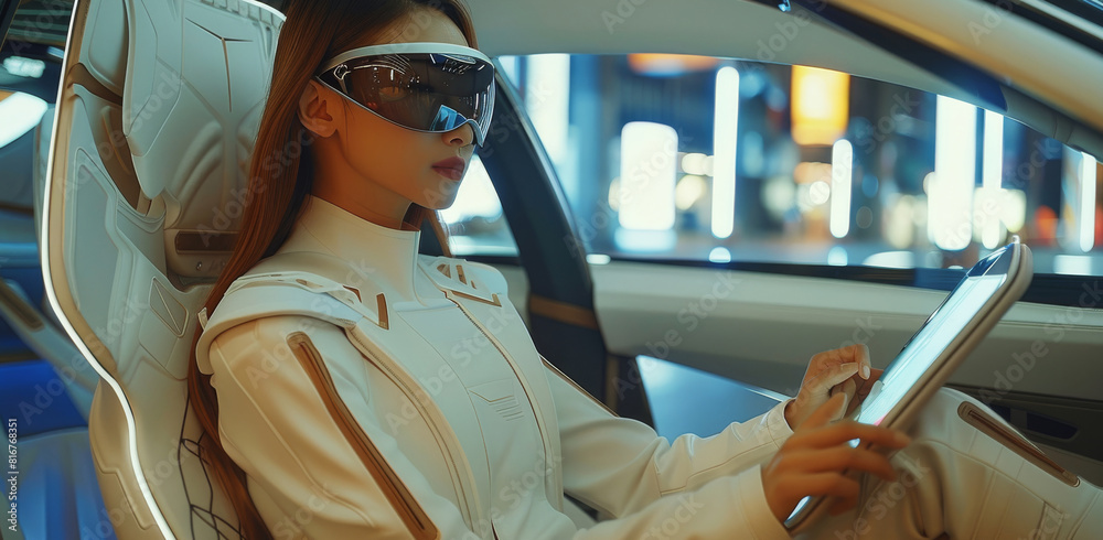Poster no steering wheel, female driver seamlessly using tablet within augmented reality car to demonstrate