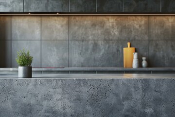 Stylish gray kitchen interior with decorative plants and minimalistic vases