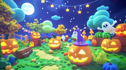 Naklejka premium Enchanting Halloween Night Landscape with Pumpkins and Ghosts