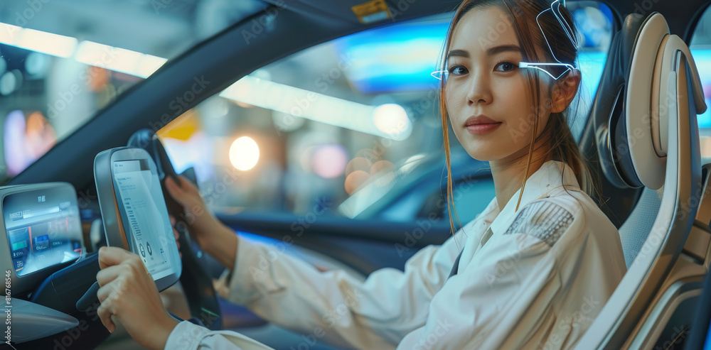 Poster no steering wheel, female driver seamlessly using tablet within augmented reality car to demonstrate