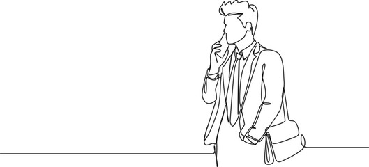 continuous single line drawing of young businessman talking on phone, line art vector illustration