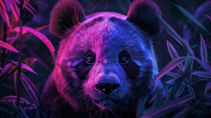 Neon-lit panda in forest, Chinese animal wildlife