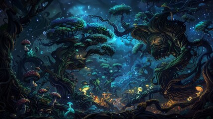 Enchanted Forest at Night: Mystical Trees, Luminous Fungi, Fantasy Landscape