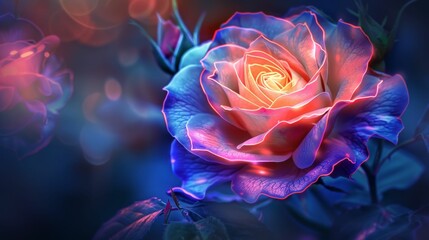 Neon rose glows mysteriously, illuminating the darkness with vibrant elegance