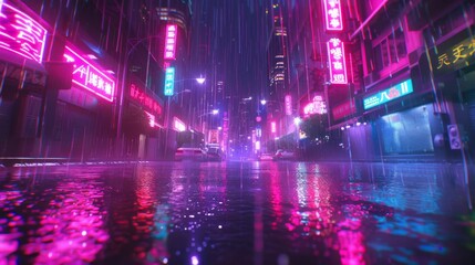 Rain-soaked streets under neon signs create a cinematic cityscape in vibrant hues