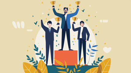 Businessman standing together on the winners podium Vector