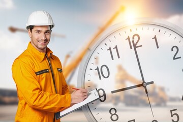 Construction worker with project timeline, huge clock