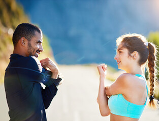 Man, woman and outdoor stretching for fitness warm up or arm mobility on mountain path, coach or...