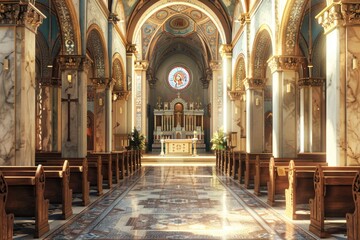 Fototapeta premium A serene image of an empty church with beautiful stained glass window. Perfect for religious or spiritual themed designs