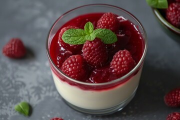 Elegant panna cotta topped with a raspberry layer and fresh raspberries, garnished with mint
