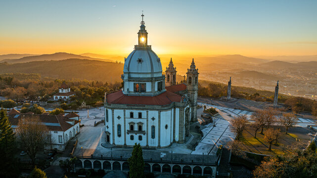 Aerial view of the Sanctuary of Our Lady of Sameiro in Braga, Portugal at sunset.
