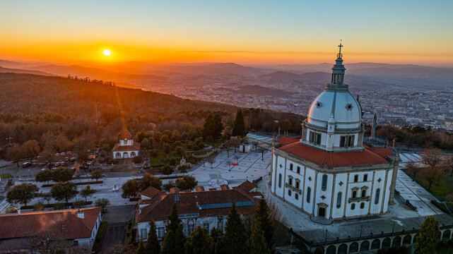 Aerial view of the Sanctuary of Our Lady of Sameiro in Braga, Portugal at sunset.