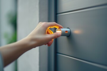 Closeup of a person's hand using a smart key to lock a sleek, gray door