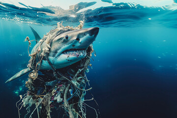 Shark swims in blue sea surrounded by garbage. Concept of Environmental problem and plastic pollution in ocean.