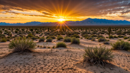 Desert landscape. As the sun sets over the desert, the sky becomes a canvas, adorned with clouds in vibrant and dramatic hues.