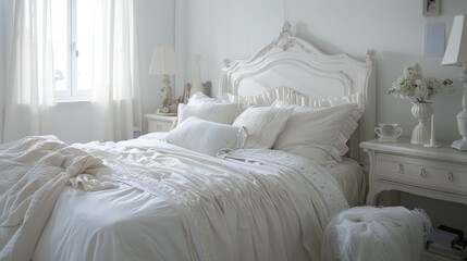 Obraz premium Bright and Airy Bedroom with White Decor and Natural Light, Modern Minimalist Style, Perfect for Home Decor Inspiration and Lifestyle Blogs