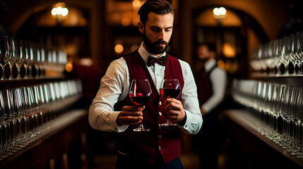 Confident handsome male sommelier. Thoughtful young sommelier is tasting a flavor and checking red wine quality poured in transparent glass in a wine cellar