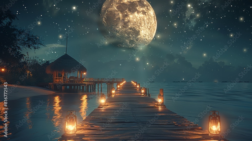 Poster a wooden pier leading to the moon, illuminated by lanterns along its length. the night sky is dark a