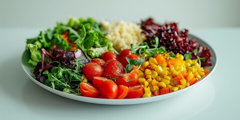 Colorful plate of mixed vegetables and grains on a white background