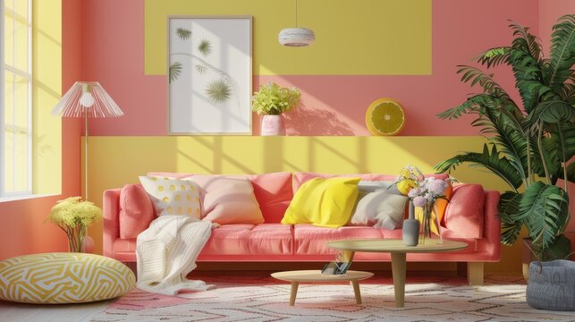 Cozy Living Room with Yellow Sofas and Pink Walls, Vibrant Interior Design for Home Decor Inspiration and Lifestyle Photography