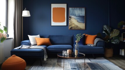 Modern Living Room with Navy Blue Sofa and Bright Decor, Contemporary Interior Design for Home Decor and Real Estate Photography