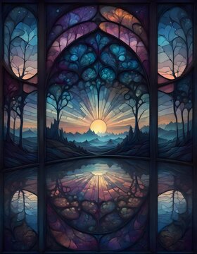 Tranquil mystical landscape depicted in ornate gothic style stained glass window, Generative AI.