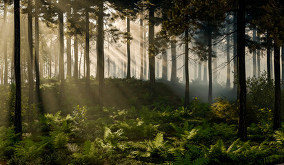 Fototapeta premium On a sunny morning in the forest, the first rays of sunlight hit the ground - 3d illustration