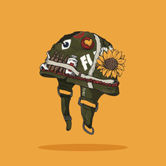 Vector illustration of army helmet with floral accessories