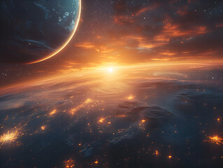 Planet Earth with a Sunrise and the Moon in Space,
Galatic planet exploration wallpaper
