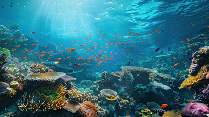 Fototapeta na wymiar Explore the untamed wilderness of the ocean depths in our vast undersea collection, where pristine coral reefs, teeming seagrass meadows, and towering underwater cliffs await discovery.
