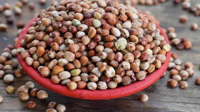 Multicolored Organic Whole Tur Dal or pigeon peas displayed on a vintage wooden tabletop. Uttarakhand, India.