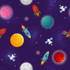 Space cartoon seamless pattern.  Cute design for