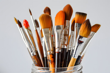 Fototapeta premium A stunning photo of a collection of artist's paintbrushes in a jar on a solid white background