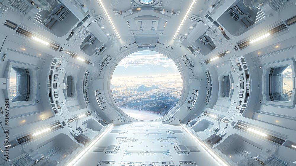 Poster the interior of a white space station in the future is futuristic and sci-fi, with a futuristic door