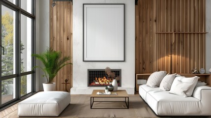 Modern scandinavian living room interior design style with panelling wall, poster frame , fire place, white cozy couch, natural wood coffee table against window 