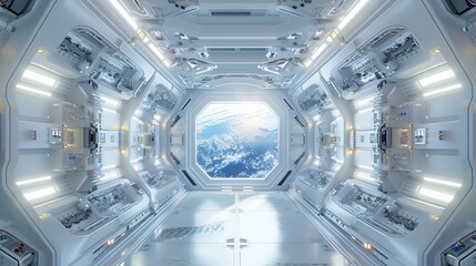The interior of a white space station in the future is futuristic and sci-fi, with a futuristic door and window outside looking at planet earth, futuristic architecture. Generative AI.
