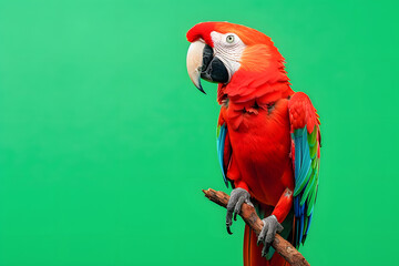 Obraz premium A vibrant photo of a colorful parrot perched on a branch on a solid green background