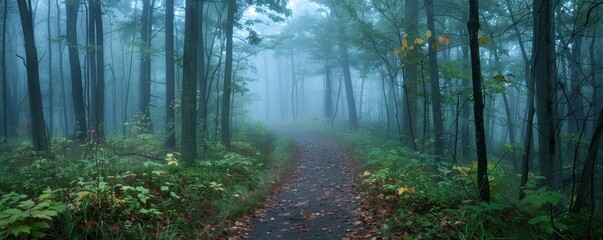 Quiet morning in a foggy forest, selective focus, tranquility theme, ethereal, Multilayer, woodland trail