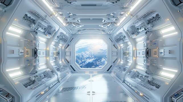 The interior of a white space station in the future is futuristic and sci-fi, with a futuristic door and window outside looking at planet earth, futuristic architecture. Generative AI.